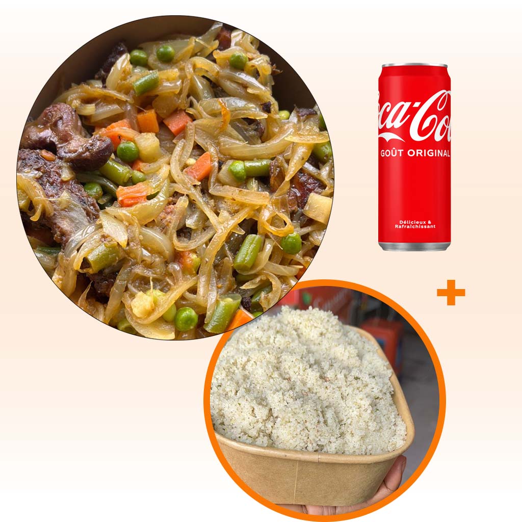 pintade fumée sautée + attieké + boisson